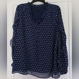 Talbots Blue And White Chiffon Floral Blouse Smocking Ruffle Long Sleeves XL